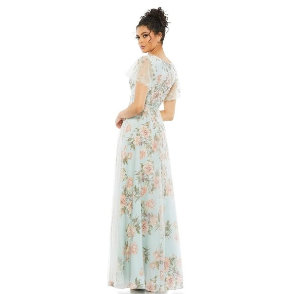 Mac Duggal Floral Flutter Sleeve V- Neck Maxi Dress Multicolor Size 8 NWT - Picture 3 of 12